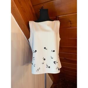 Vintage 90s David Warren Sleeveless White Blouse with Black Floral Beading sz 14